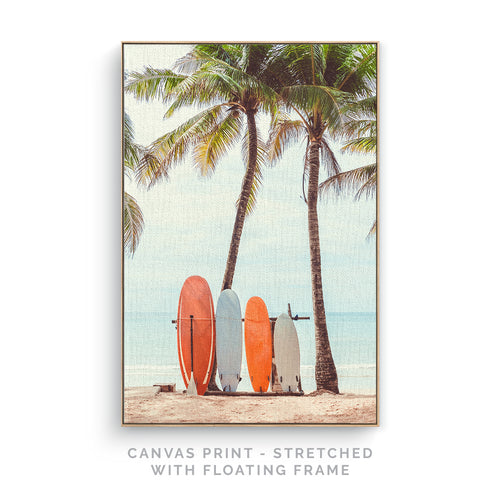 three surfboards sitting on a beach under a palm tree